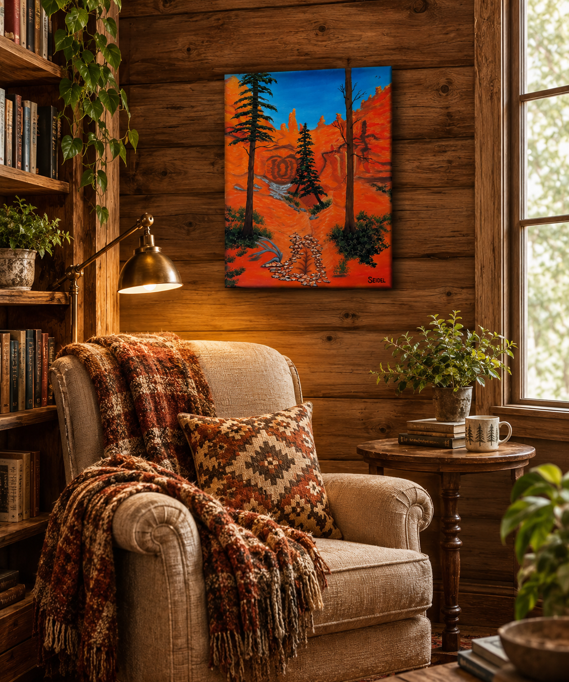 12x16" original oil painting featuring the bright colors of a Bryce Canyon trail, shown in a reading nook