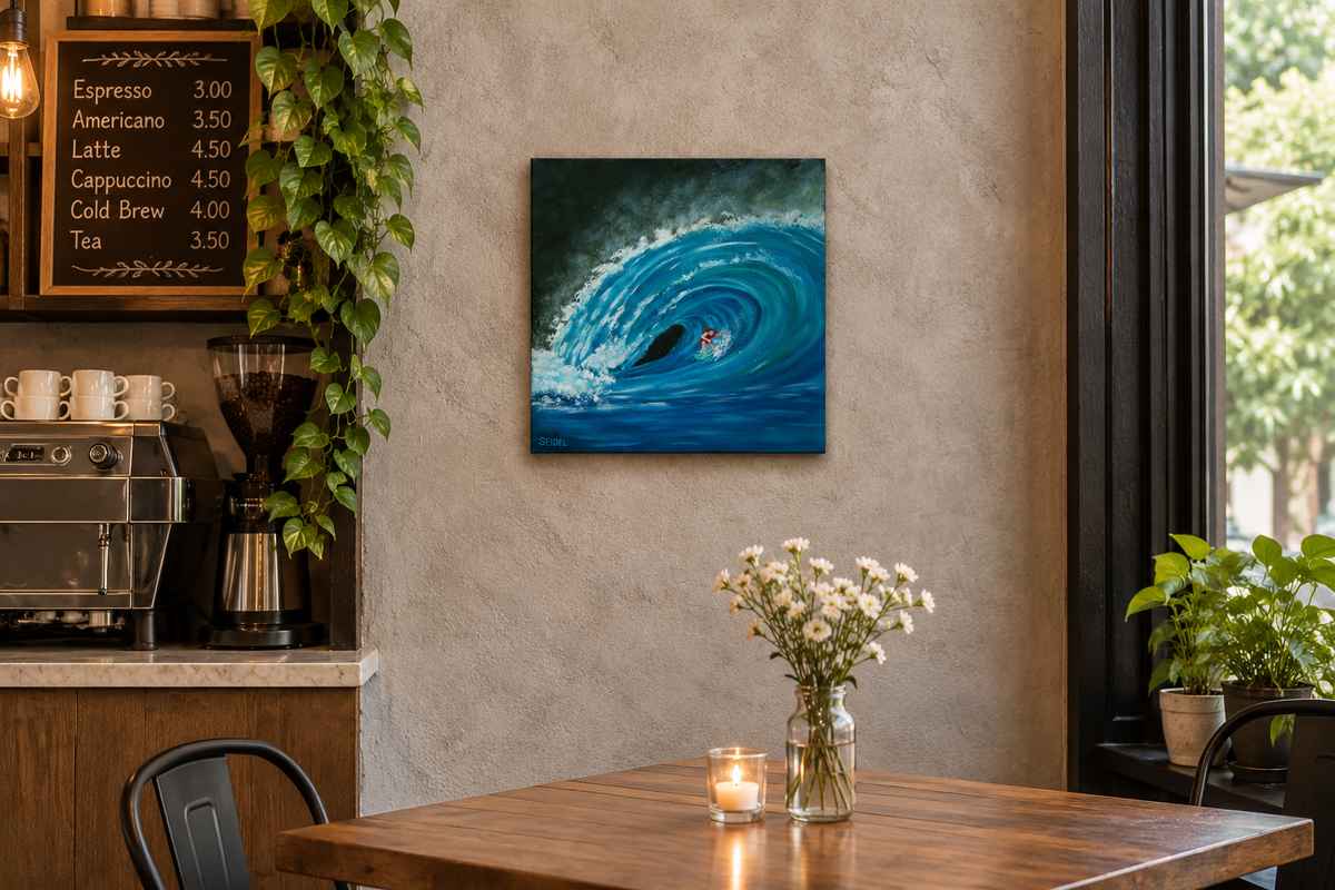 12x12" original oil painting of a surfer in the curl of a huge wave, shown in a cafe