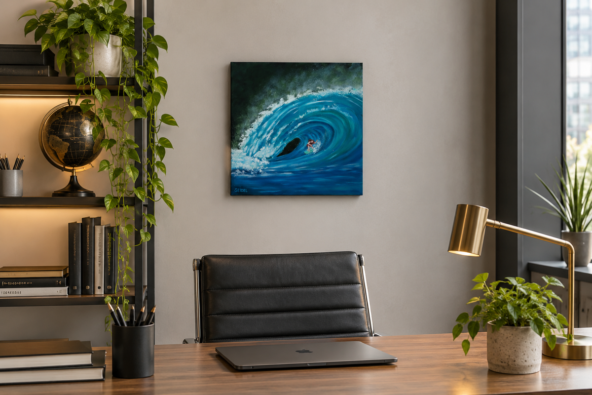 12x12" original oil painting of a surfer in the curl of a huge wave, shown in an office