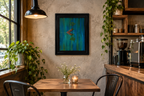 11x14" original oil painting of tiny tree on a log in the river, inspiring in lovely colors, framed and displayed in a cafe