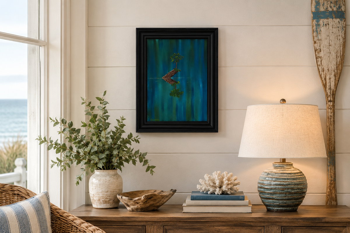 11x14" original oil painting of tiny tree on a log in the river, inspiring in lovely colors, framed and shown in a seaside cottage