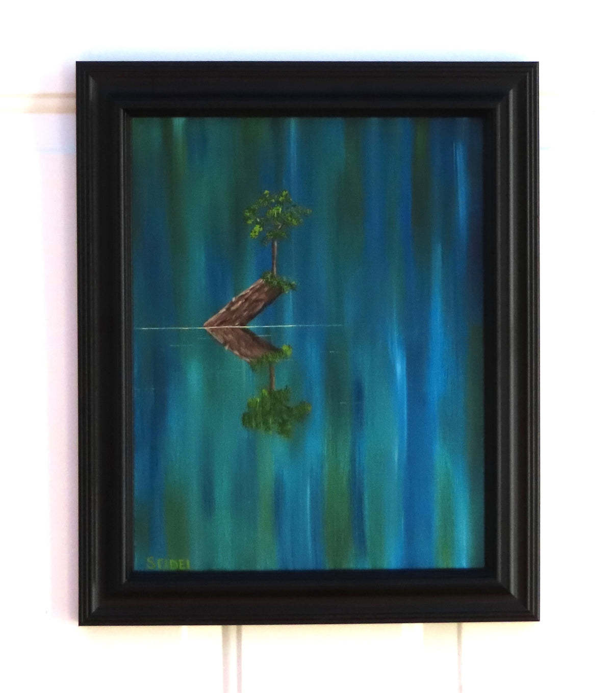 11x14" original oil painting of tiny tree on a log in the river, inspiring in lovely colors, framed