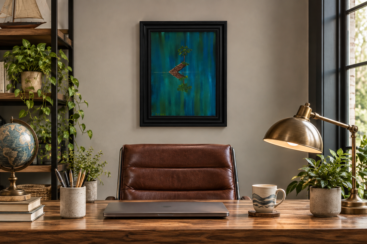 11x14" original oil painting of tiny tree on a log in the river, inspiring in lovely colors, framed and shown in an office