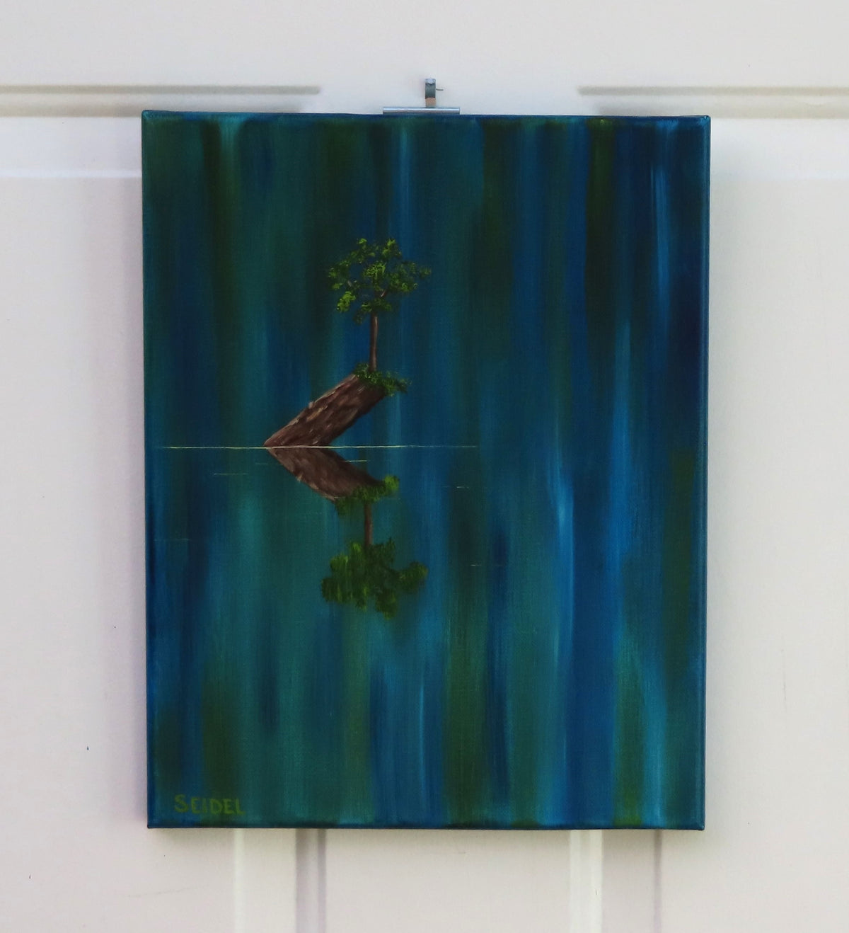 11x14" original oil painting of tiny tree on a log in the river, inspiring in lovely colors, unframed