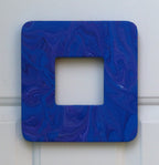 This 7 3/4"- wide by 8" tall has a 3 1/4" by 3 1/4" window for an inspirational quote or a photo of your choice. It is solid wood with an original acrylic poured painting with blues and purples. Shwn here without insert.