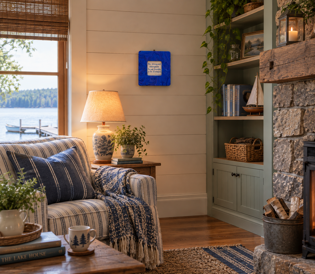 This 7 3/4"- wide by 8" tall has a 3 1/4" by 3 1/4" window for an inspirational quote or a photo of your choice. It is solid wood with an original acrylic poured painting with blues and purples, shown here in a lakeside cottge.
