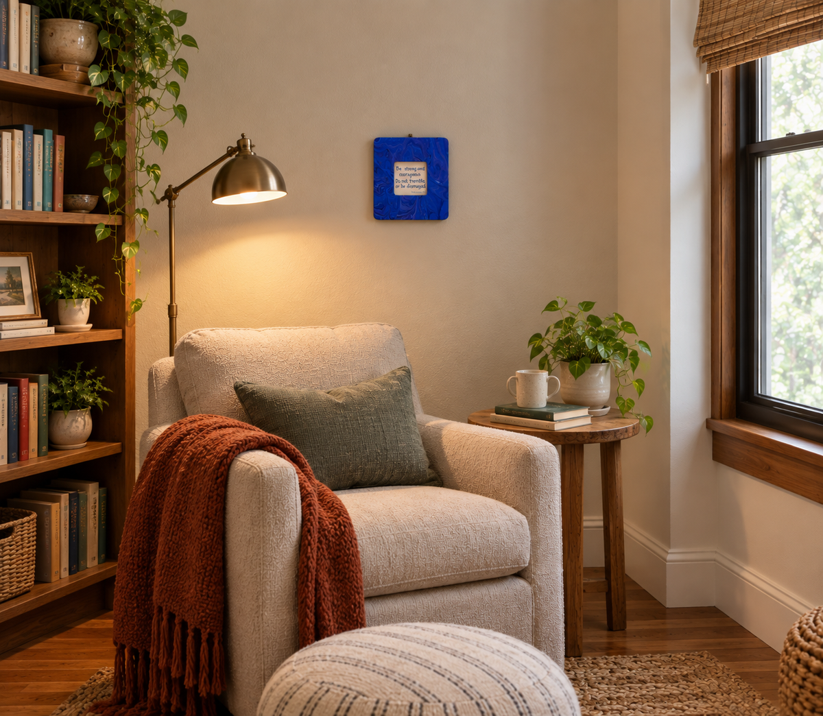 This 7 3/4"- wide by 8" tall has a 3 1/4" by 3 1/4" window for an inspirational quote or a photo of your choice. It is solid wood with an original acrylic poured painting with blues and purples, shown here in a reading nook.