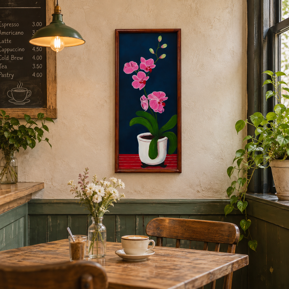 10 1/2x27" original oil painting on board of pink orchids against a royal blue background, in a white pot, framed in a handmade red chestnut colored frame, shown in a cafe