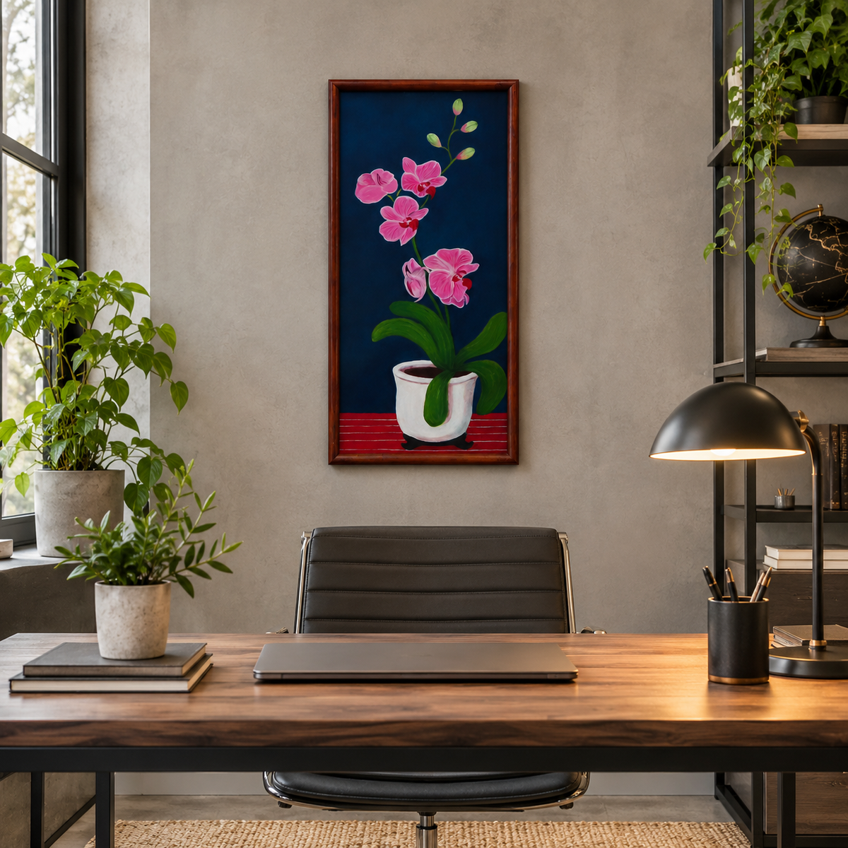 10 1/2x27" original oil painting on board of pink orchids against a royal blue background, in a white pot, framed in a handmade red chestnut colored frame, displayed in an office