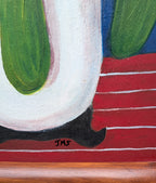10 1/2 x 27" original oil painting on board of pink orchids against a royal blue background, in a white pot, framed in a handmade red chestnut colored frame, a closeup of the artist signature