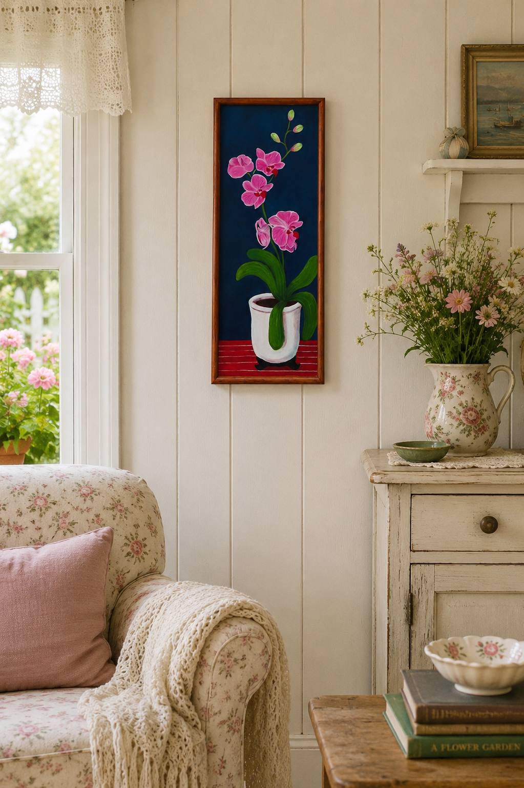 10 1/2x27" original oil painting on board of pink orchids against a royal blue background, in a white pot, framed in a handmade red chestnut colored frame, shown in a cottage