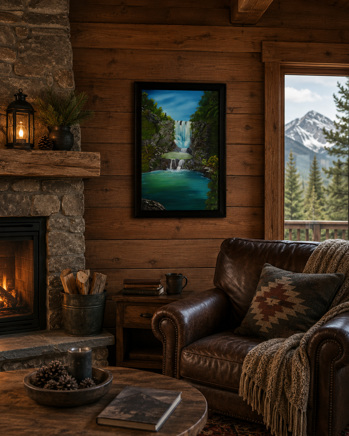 original oil painting of piroa falls new zealand, colorful falls pools and plants, framed in dark wood, in rustic cabin