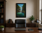 original oil painting of piroa falls new zealand, colorful falls pools and plants, framed in dark wood, behind office desk