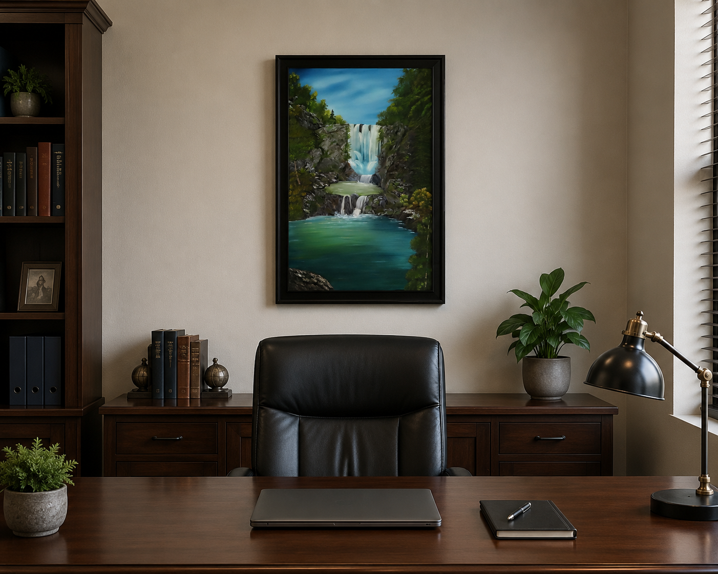 original oil painting of piroa falls new zealand, colorful falls pools and plants, framed in dark wood, behind office desk