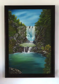 original oil painting of piroa falls new zealand, colorful falls pools and plants, framed in dark wood