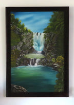 original oil painting of piroa falls new zealand, colorful falls pools and plants, framed in dark wood