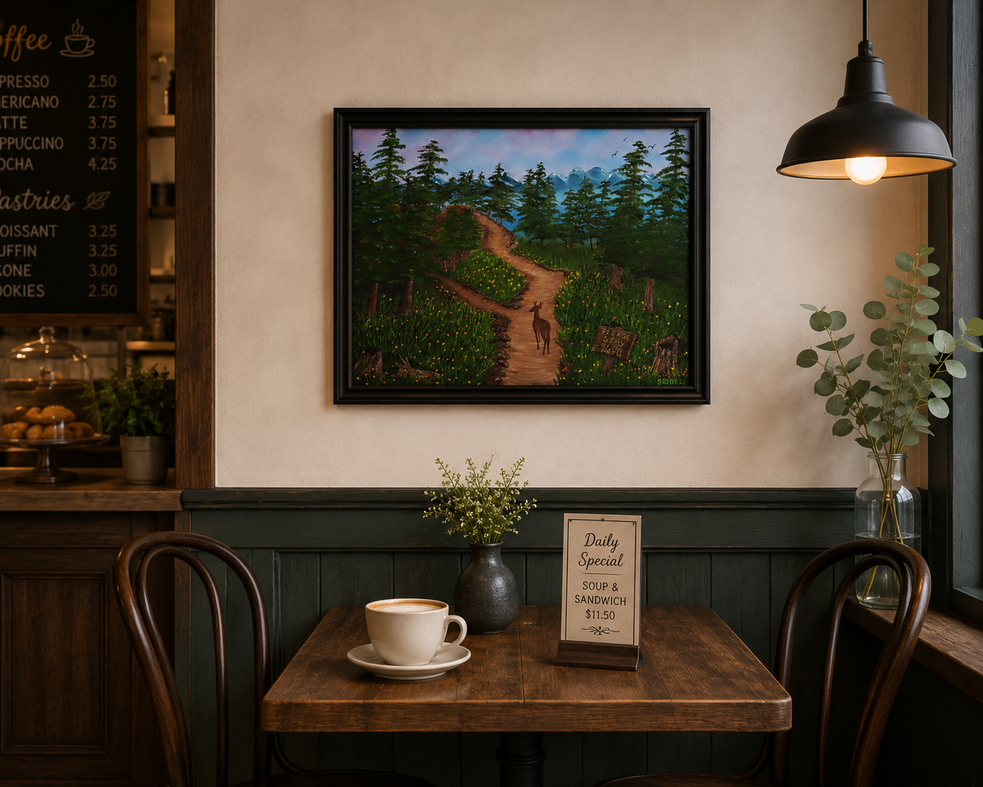 16x20 original oil painting of a deer on a path just past the sign saying Please Stay on the Path. Displayed over cafe table.