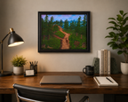 16x20 original oil painting of a deer on a path just past the sign saying Please Stay On The Path. Framed in black, pictured over office desk