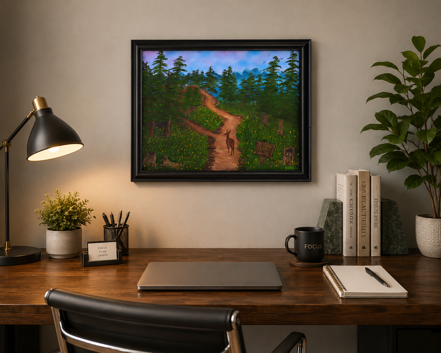 16x20 original oil painting of a deer on a path just past the sign saying Please Stay On The Path. Framed in black, pictured over office desk