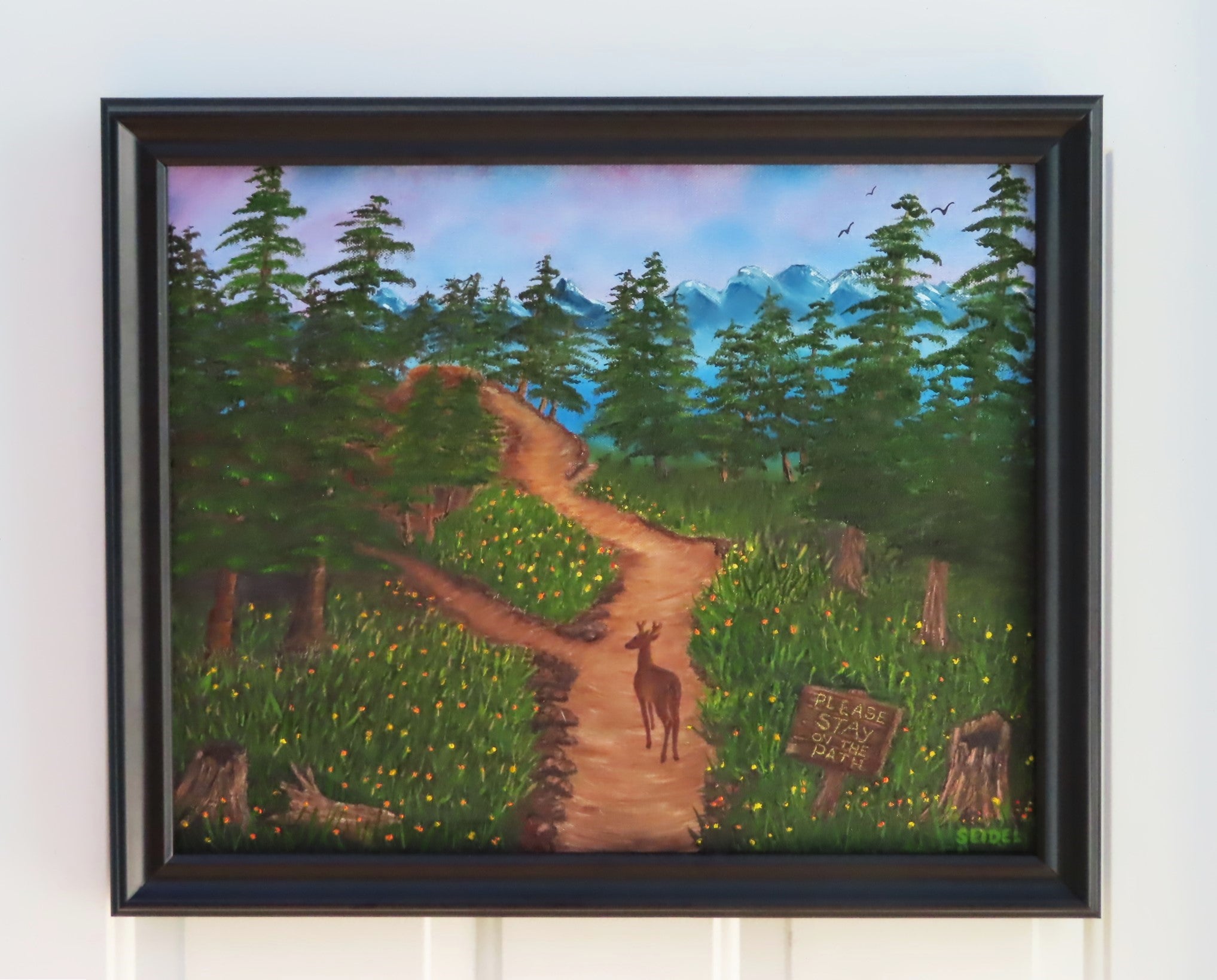 16x20 original oil painting of a deer on a path just past the sign saying Please Stay on the Path. framed in black wood