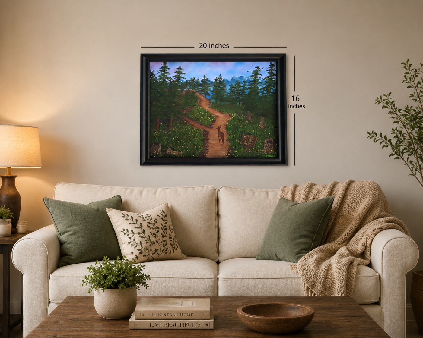 16x20 original oil painting of a deer on a path just past the sign saying Please Stay on the Path. Framed in black, Pictured over a sofa