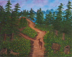 16x20 original oil painting of a deer on a path just past the sign saying Please Stay on the Path. unframed
