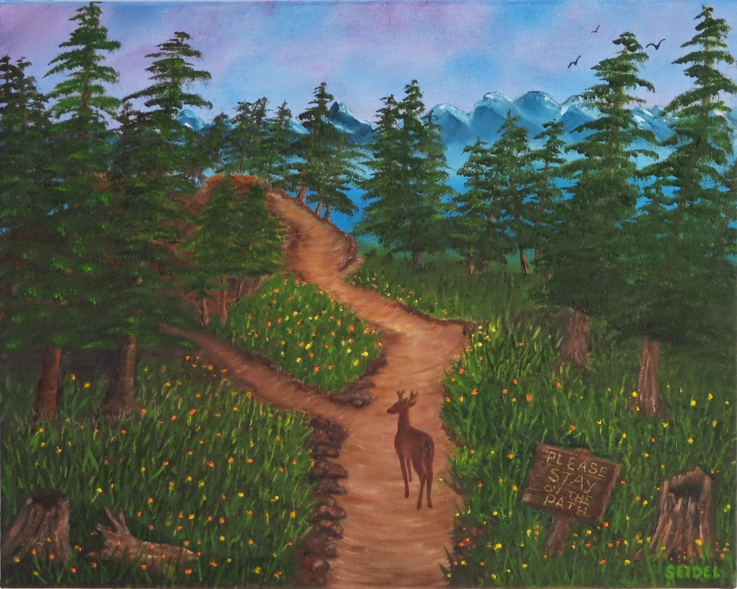 16x20 original oil painting of a deer on a path just past the sign saying Please Stay on the Path. unframed