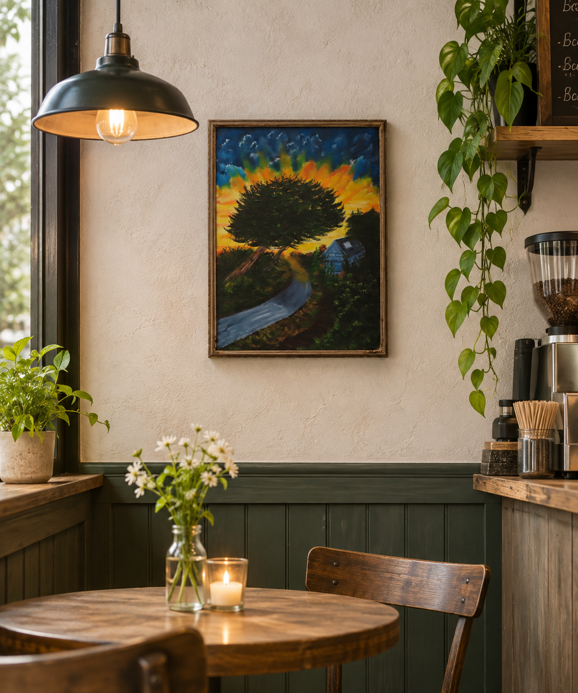 13 1/2x17" Original oil painting on board in ornate frame, trees highlighted by bright setting sun in Cali, shown in a cafe