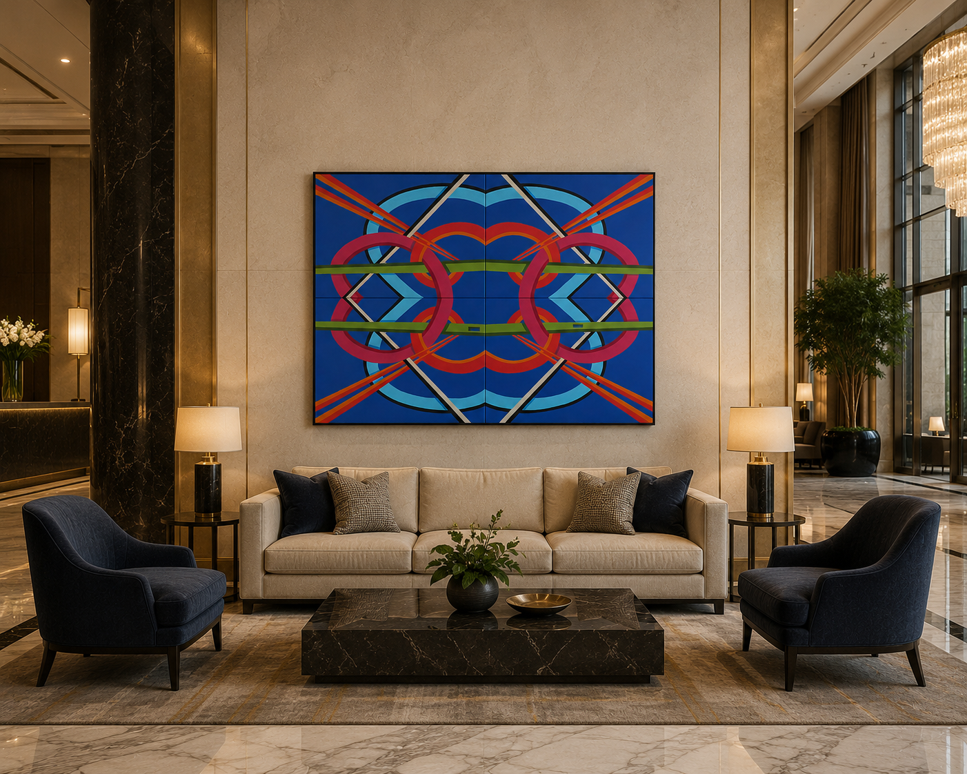 32 x 40" original abstract oil painting, 4 canvases complete the brightly colored geometric design, in a handmade black surround frame, shown in a modern hotel lobby