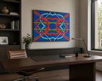 32 x 40" original abstract oil painting, 4 canvases complete the brightly colored geometric design, in a handmade black surround frame