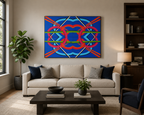 32 x 40" original abstract oil painting, 4 canvases complete the brightly colored geometric design, in a handmade black surround frame, displayed over a modern sofa