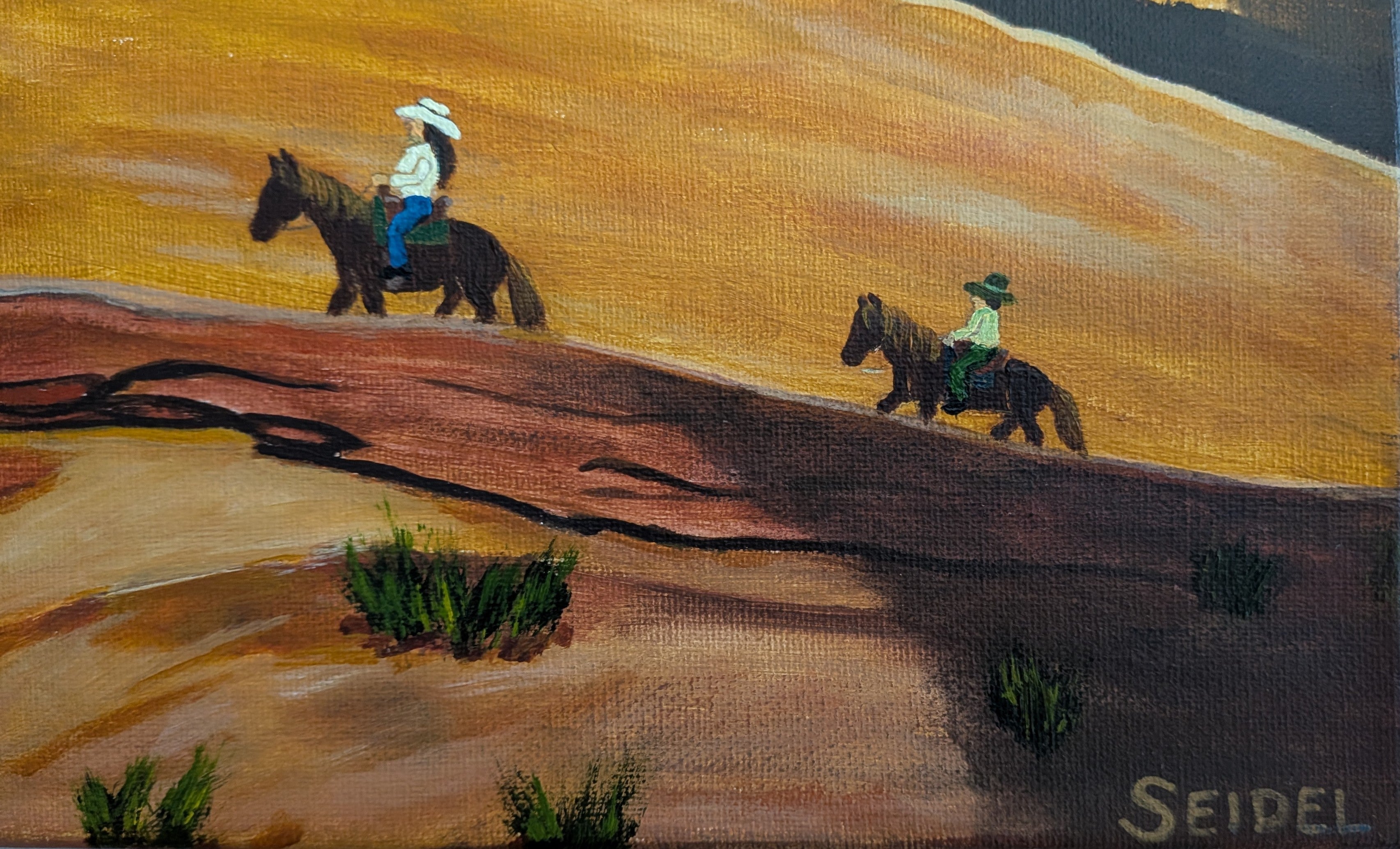 original oil painting on 11x14" canvas with lovely colors of dusk and rising moon, two observers on cliffs in foreground, close-up of horseback-riders 