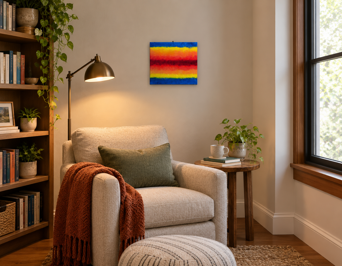 Original Acrylic sponge painted abstract on 8x10" canvas colorful rainbow (with secret messages hidden)  shown here in a reading nook.