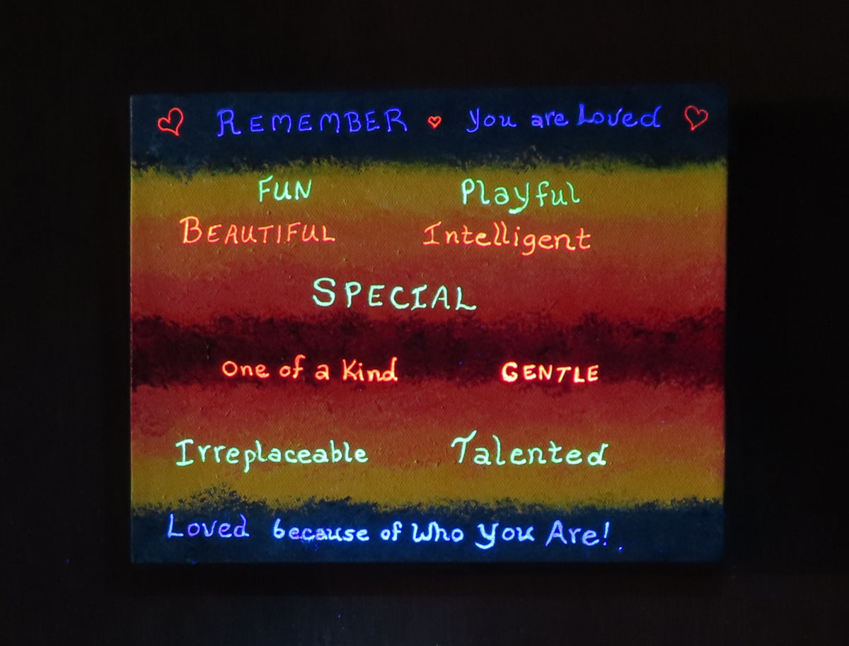 Original Acrylic sponge painted abstract on 8x10" canvas colorful rainbow with secret messages revealed  here by UV flashlight