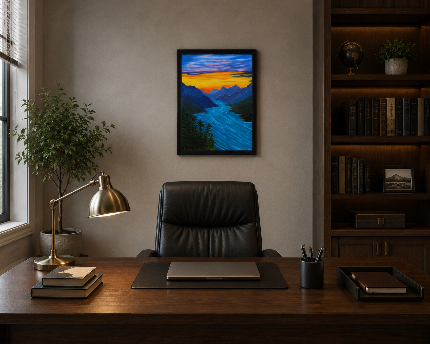 16" wide x 20" tall, original oil painting of river rushing through the mountains under a sunset sky, framed in black, displayed behind office desk