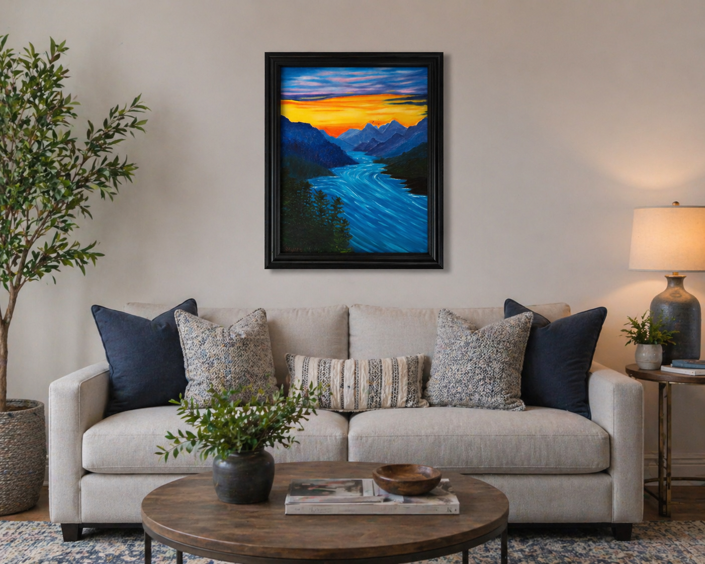 16" wide x 20" tall, original oil painting of river rushing through the mountains under a sunset sky, framed in black, displayed over sofa