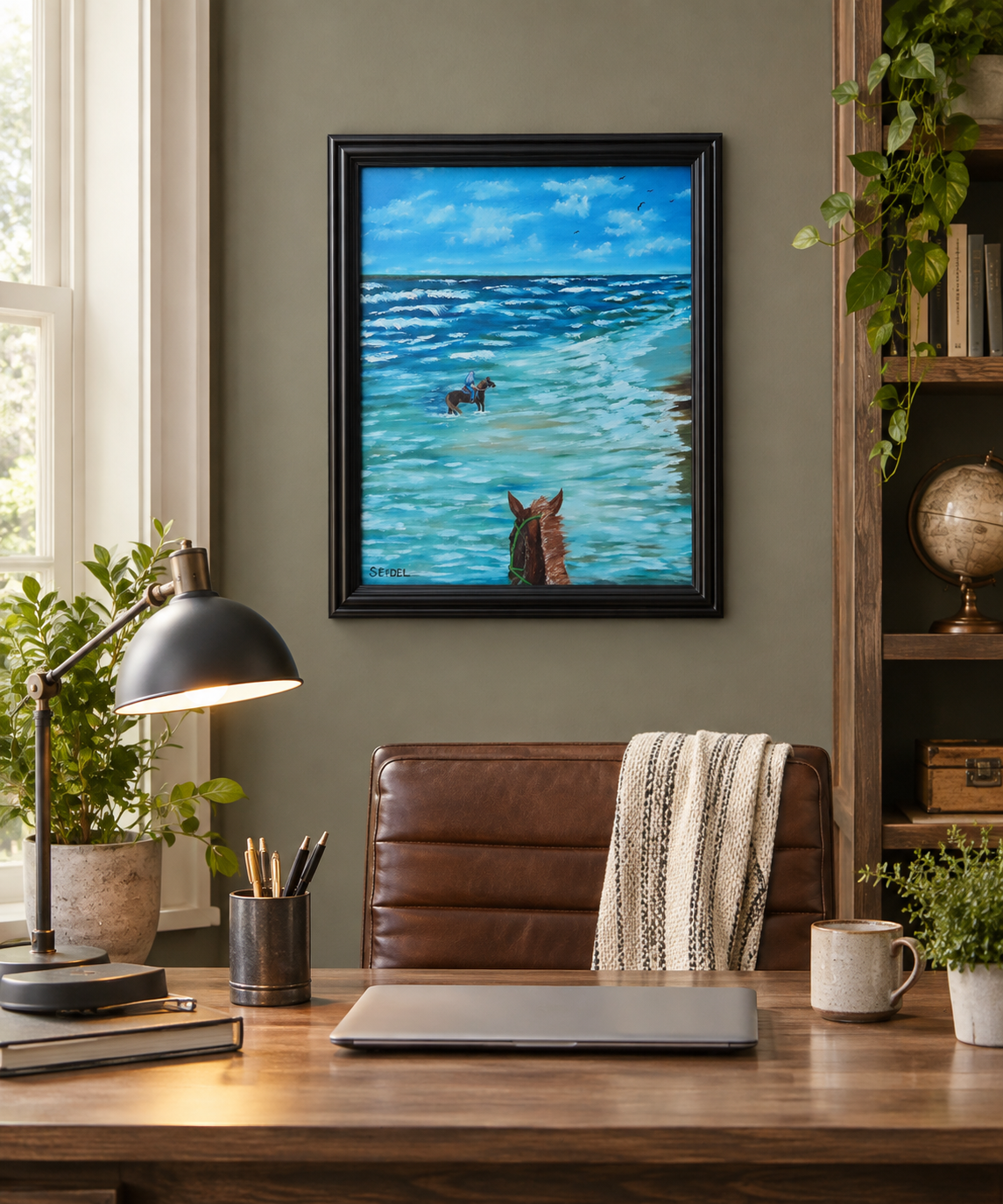 16x20 original oil painting of horseback riders in the ocean, displayed behind office desk