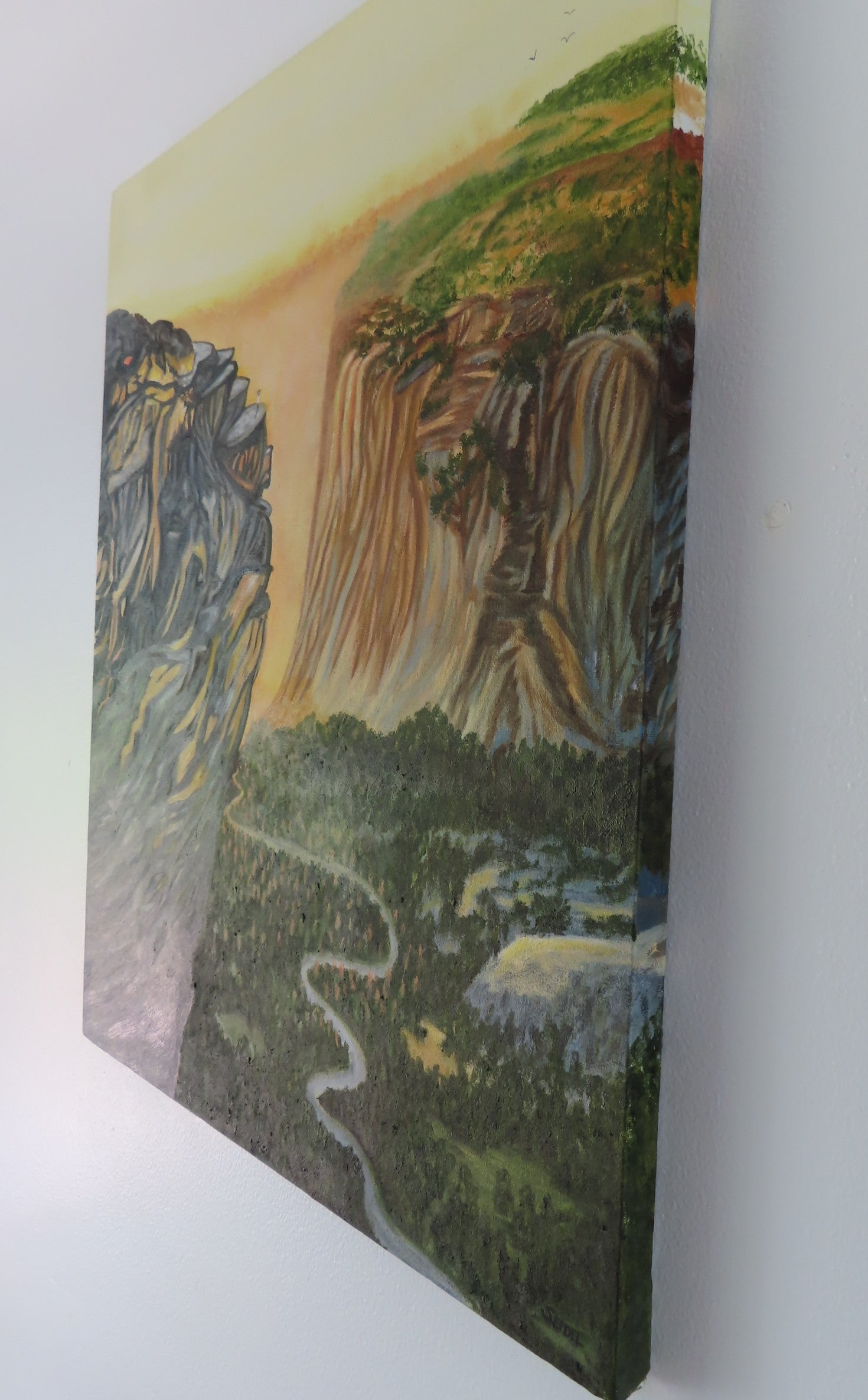 20x24" original oil painting of a mountain in Yosemite with a lovely vista below and across to the next mountain.  Displayed is right side of painting