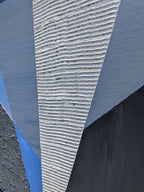 original acrylic painting, abstract geometric design in white, blue and grey colors, closeup of white texture