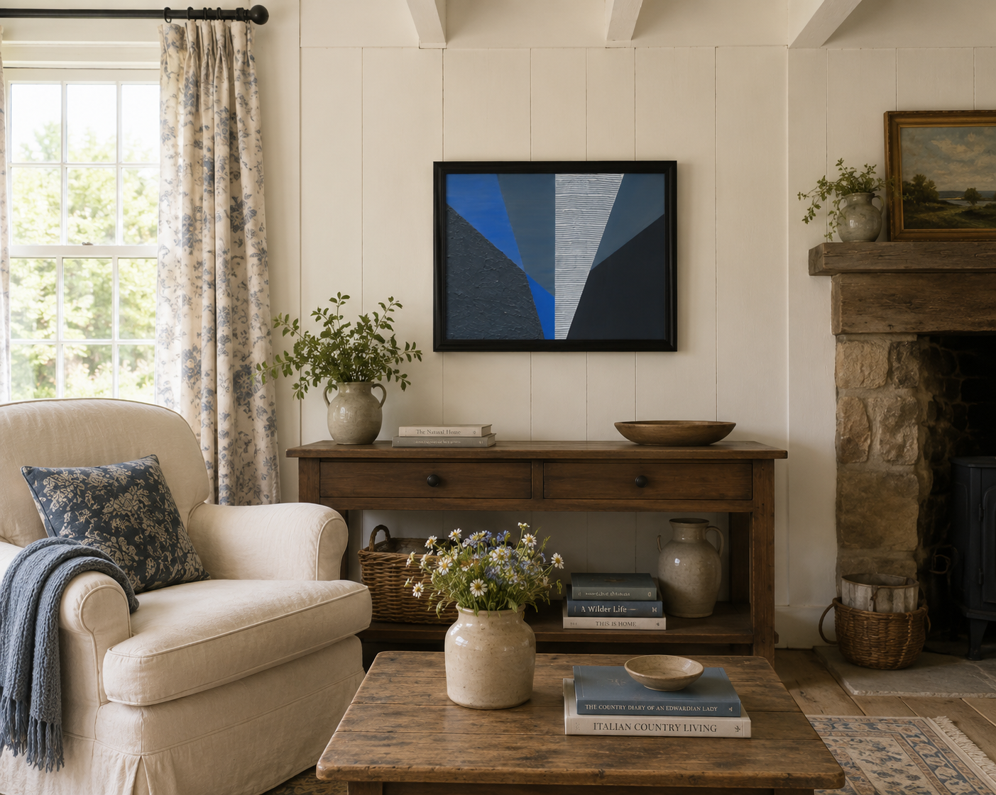 original acrylic painting, abstract geometric design in white, blue and grey colors, displayed in livingroom