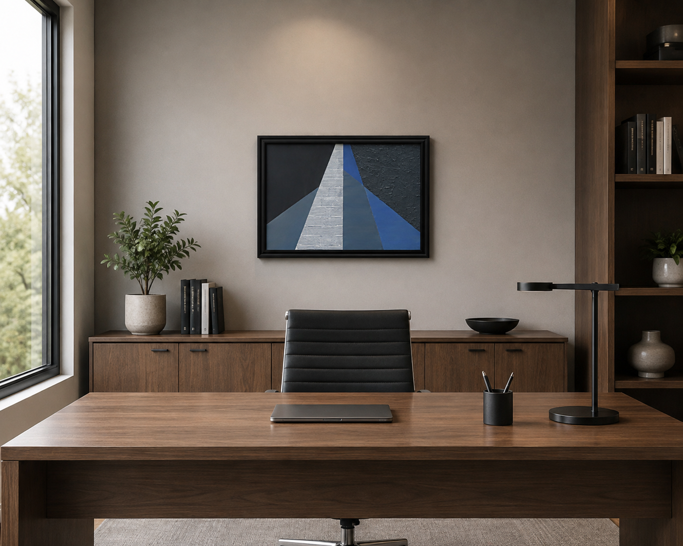 original acrylic painting, abstract geometric design in white, blue and grey colors, displayed behind office desk