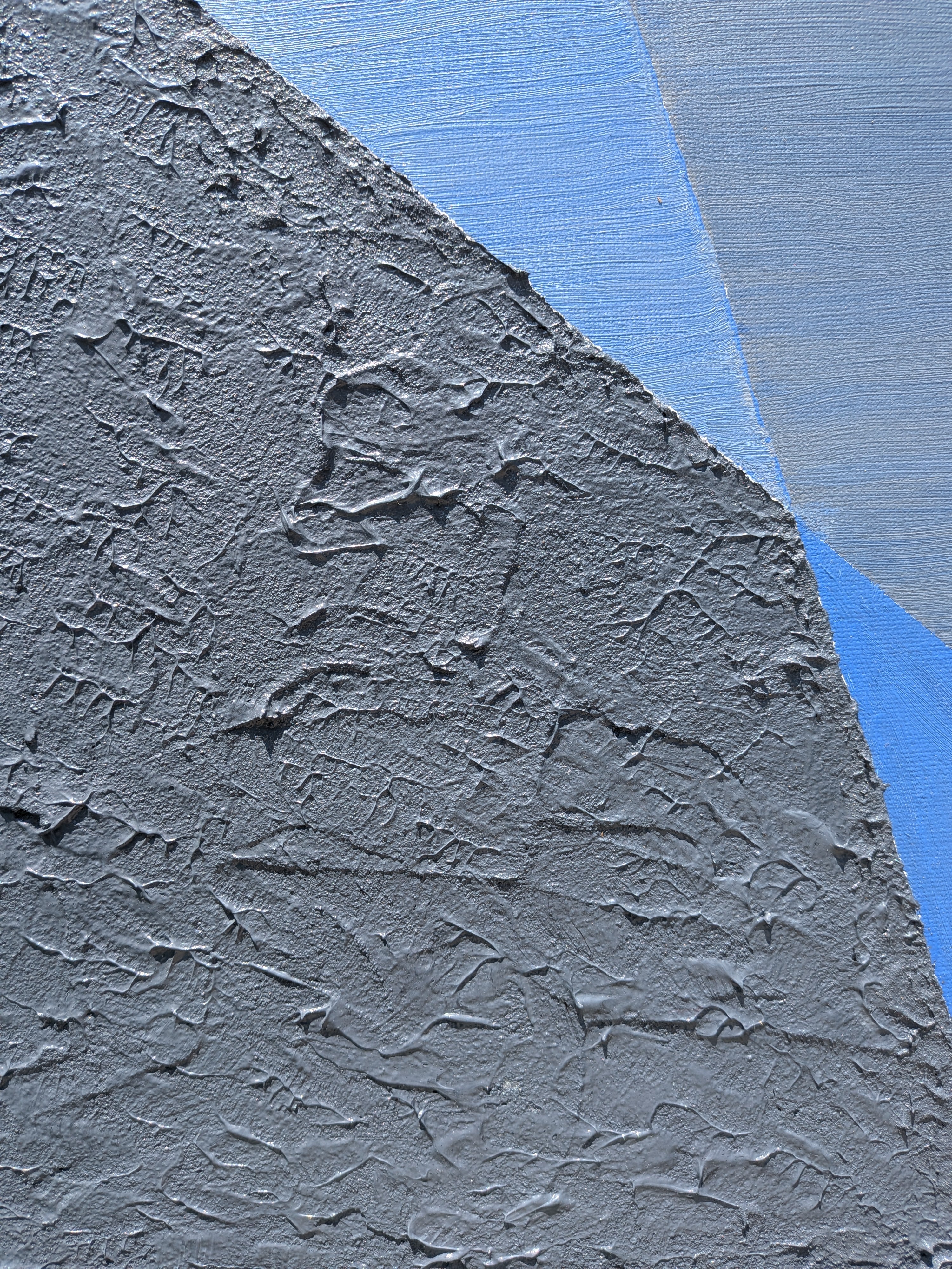 original acrylic painting, abstract geometric design in white, blue and grey colors, closeup of texture