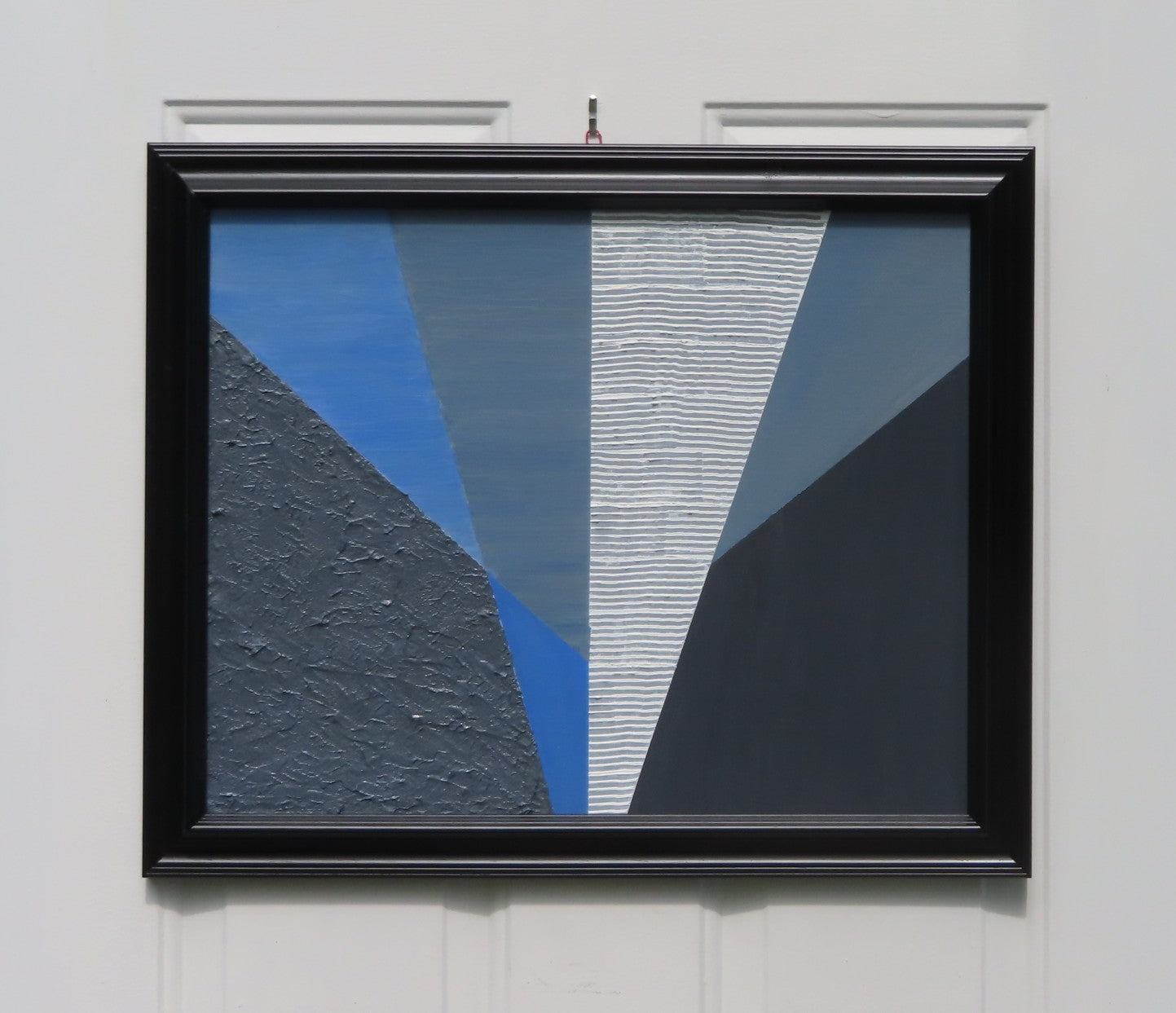 original acrylic painting, abstract geometric design in white, blue and grey colors