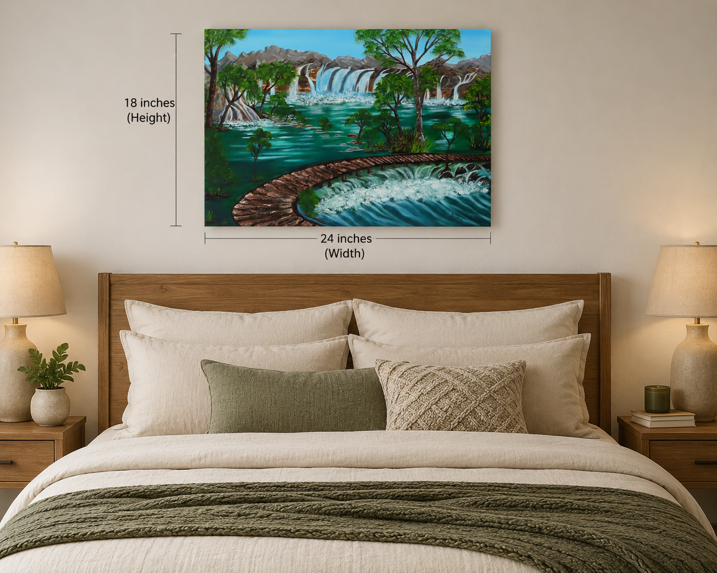 Rushing River original oil painting displayed over bed