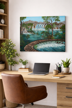 Rushing River original oil painting displayed over home offce desk
