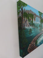 Left side view of Rushing River, trees wrap around the canvas