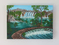 original oil painting of a rushing river with mountains,waterfalls, trees and a walking bridge 18x24 deep cradle, painting continues on all sides.