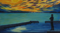 10x18" original oil painting of lone man on the dock watching sailboats toward the sunset