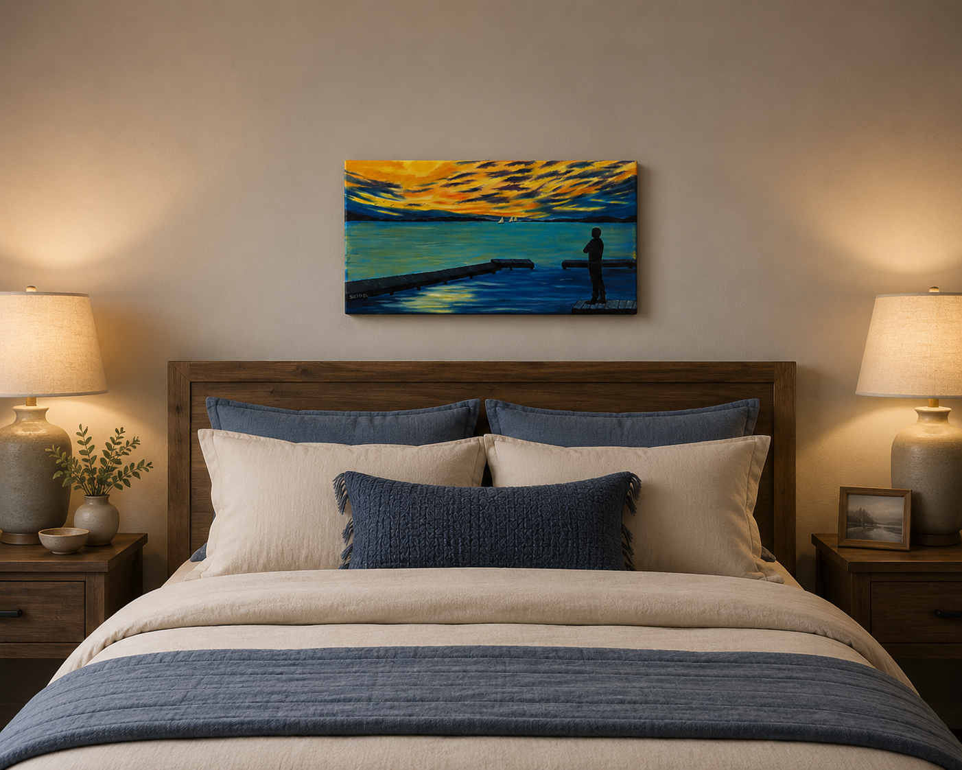 10x18" original oil painting of lone man on the dock watching sailboats toward the sunset, over bed