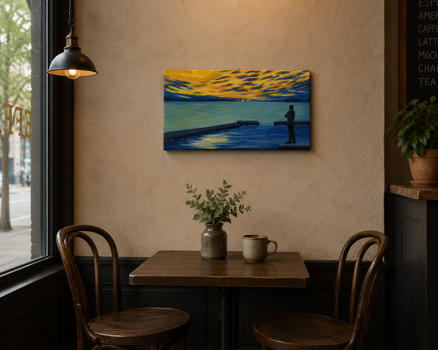10x18" original oil painting of lone man on the dock watching sailboats toward the sunset, displayed over cafe table